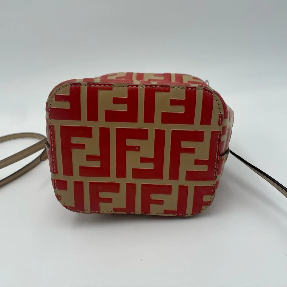 (SOLD) Fendi Monogram Embossed Beige/Red Leather Tresor Drawstring Bucket Bag - Picture 9 of 17